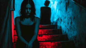 ai généré contemplatif femme séance sur escaliers avec sinistre bleu et rouge éclairage photo