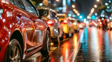 ai généré voitures en mouvement sur une humide rue à nuit. génératif ai photo
