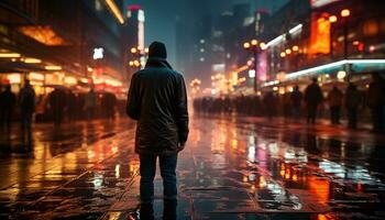 ai généré un la personne en marchant dans le pluie, ville lumières éclairer généré par ai photo
