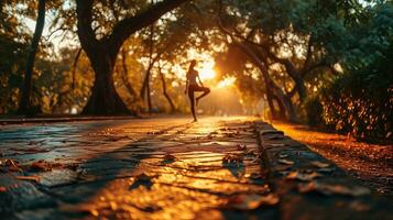 ai généré une femme Faire des sports dans le parc à le coucher du soleil. génératif ai photo