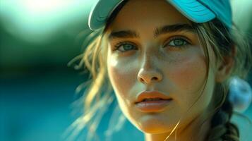 ai généré portrait de une Jeune femme avec visière casquette dans le coucher du soleil lumière photo