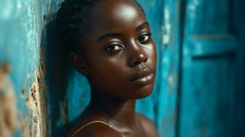 ai généré une magnifique noir femme penché contre une bleu mur. génératif ai photo