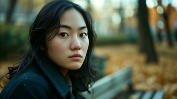 ai généré serein Jeune asiatique femme séance sur parc banc dans l'automne photo