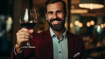 ai généré une barbu homme en portant une verre de rouge vin, profiter une moment de relaxation et indulgence. photo