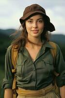 ai généré une voyageur femme portant une chapeau et une vert chemise. photo