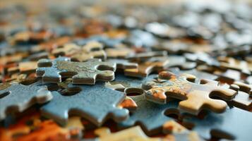 ai généré une pile de scie sauteuse puzzle pièces, attendre à être assemblé dans une Achevée photo. génératif ai photo