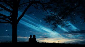 ai généré silhouette de couple séance en dessous de arbre à nuit, regarder à étoiles. photo