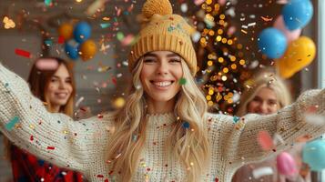 ai généré joyeux femme célébrer avec copains à une de fête fête avec confettis photo