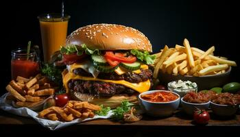 ai généré grillé Viande, cheeseburger, frites, et Cola sur en bois table généré par ai photo