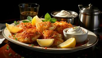 ai généré grillé Fruit de mer assiette avec citron, fraîcheur, et en bonne santé en mangeant généré par ai photo