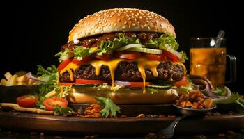 ai généré grillé du boeuf Burger avec fromage, tomate, et oignon sur chignon généré par ai photo