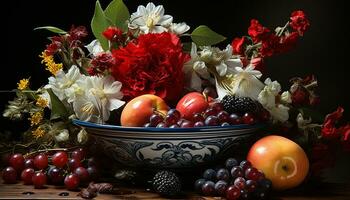 ai généré Frais fruit bouquet sur en bois tableau, une en bonne santé été dessert généré par ai photo