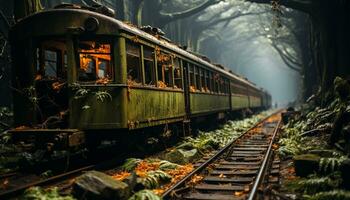 ai généré vieux vapeur train vitesses par abandonné forêt, disparition dans obscurité généré par ai photo