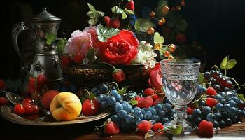 ai généré Frais fruit sur tableau, été nature, vase avec baie bouquet généré par ai photo