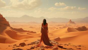 ai généré un femme, beauté dans nature, en marchant sur le sable dune généré par ai photo