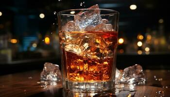 ai généré whisky versé, la glace cubes choquer, bar animé nuit commence généré par ai photo