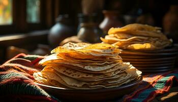 ai généré fait maison crêpe empiler avec Frais fruit, une sucré délice généré par ai photo