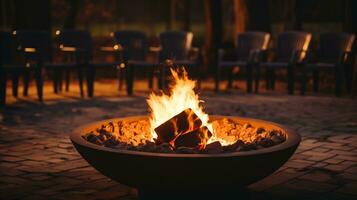 ai généré une Feu fosse entouré par chaises, création une confortable Extérieur sièges zone. génératif ai photo