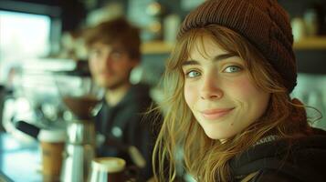 ai généré souriant Jeune femme dans bonnet profiter temps dans une confortable café photo