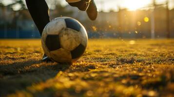 ai généré une football joueur sauts dans commande à donner un coup une balle. génératif ai photo