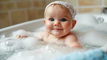 ai généré une souriant bébé est dans une baignoire de bulles. génératif ai photo