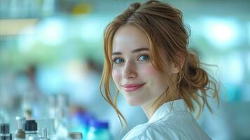 ai généré portrait de une souriant Jeune femme avec bleu yeux et désordonné chignon photo