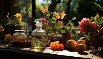 ai généré Frais fleur dans vase sur en bois tableau, la nature beauté à l'intérieur généré par ai photo