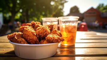 ai généré une seau de frit poulet sur une pique-nique tableau, mi-angle coup photo