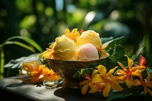 ai généré mangue la glace crème dans une bol entouré par tropical fleurs et feuilles, mi-angle coup photo