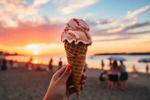 ai généré une main en portant une gaufre cône rempli avec Cerise la glace crème contre une vibrant le coucher du soleil arrière-plan, Candide coup photo