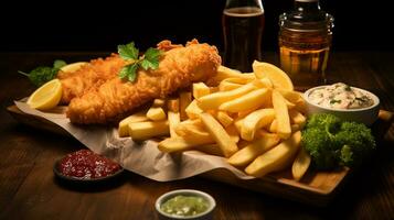 ai généré classique Britanique poisson et frites sur en bois Coupe planche avec une côté de trempettes, mi-angle coup photo