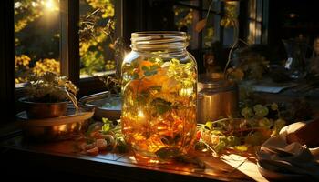 ai généré fraîcheur de la nature feuille, nourriture, tableau, vase, bois, matériel, pot généré par ai photo