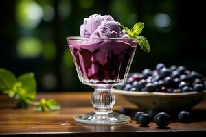 ai généré myrtille la glace crème servi dans une verre tasse sur une rustique en bois tableau, mi-angle coup photo