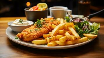 ai généré croustillant poisson et d'or frites avec citron coin sur plaque, fermer coup photo