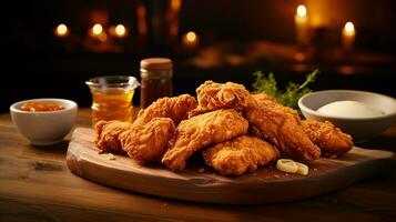 ai généré d'or marron croustillant frit poulet avec sauce sur une en bois tableau, mi-angle coup photo