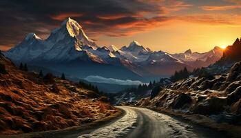 ai généré majestueux Montagne culminer, neige plafonné, baigné dans d'or le coucher du soleil lueur généré par ai photo