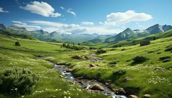 ai généré majestueux Montagne intervalle reflète tranquille ciel dans panoramique paysage généré par ai photo