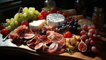 ai généré Frais gourmet fruit et fromage assiette sur rustique en bois table généré par ai photo