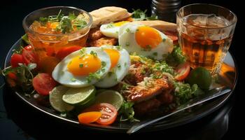 ai généré grillé Viande, Frais légumes, en bonne santé en mangeant sur une assiette généré par ai photo