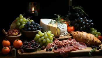 ai généré gourmet repas Frais pain, Viande, fromage, et du vin variété généré par ai photo