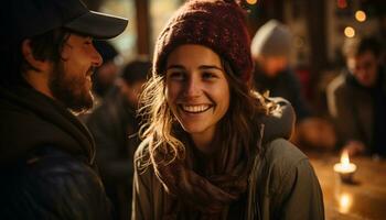 ai généré souriant Jeune couple profiter hiver en plein air, embrassement l'amour et bonheur généré par ai photo