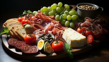 ai généré fraîcheur sur une en bois table gourmet Viande, tomate, et pain généré par ai photo