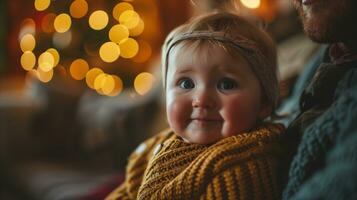 ai généré une bébé joyeusement est assis sur le sien du père tour sur Noël nuit. photo