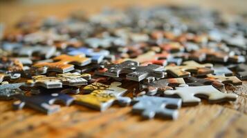 ai généré une pile de scie sauteuse puzzle pièces, attendre à être assemblé dans une Achevée photo. génératif ai photo