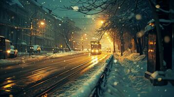 ai généré une ville rue à nuit avec neige. génératif ai photo