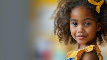 ai généré une Jeune fille avec frisé cheveux et une Jaune arc sur sa diriger. génératif ai photo