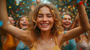 ai généré joyeux Jeune femme célébrer avec copains à confettis fête en plein air photo