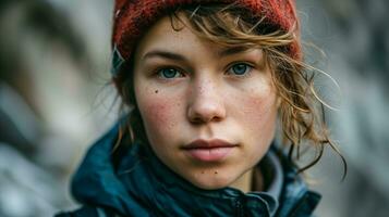 ai généré portrait de une Jeune femme avec bleu yeux et hiver chapeau en plein air photo