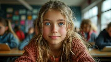 ai généré portrait de une souriant Jeune fille dans salle de cours avec élèves dans Contexte photo