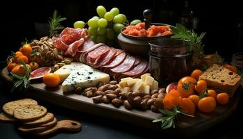 ai généré fraîcheur et variété sur une rustique en bois table gourmet pain, raisin, tomate, Viande, et fromage généré par ai photo